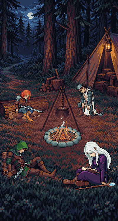 The same camp after a run, the party slumped and the fire down to embers