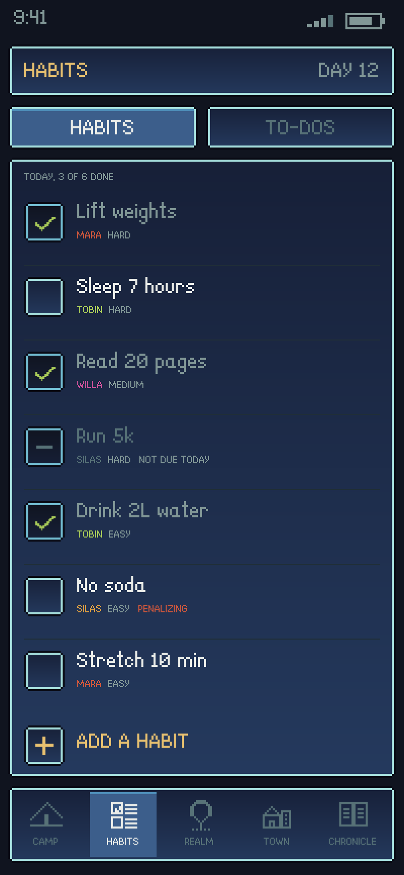 The habits screen