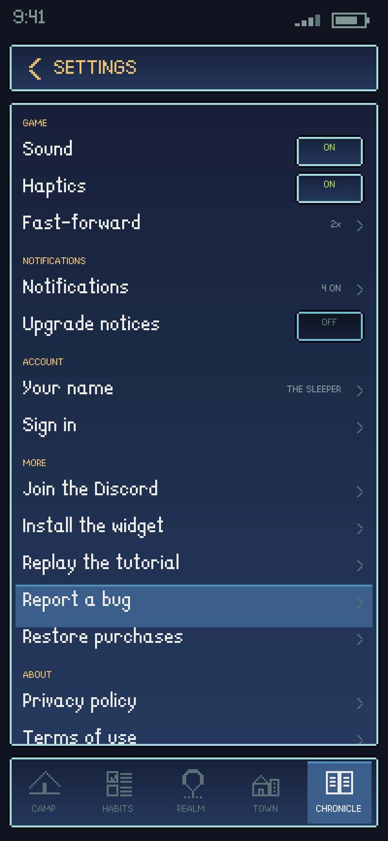 The settings screen